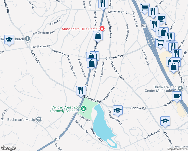 map of restaurants, bars, coffee shops, grocery stores, and more near 8397 Amapoa Avenue in Atascadero