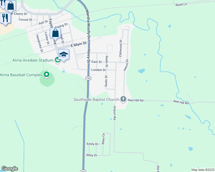 map of restaurants, bars, coffee shops, grocery stores, and more near 1320 Seals Street in Alma