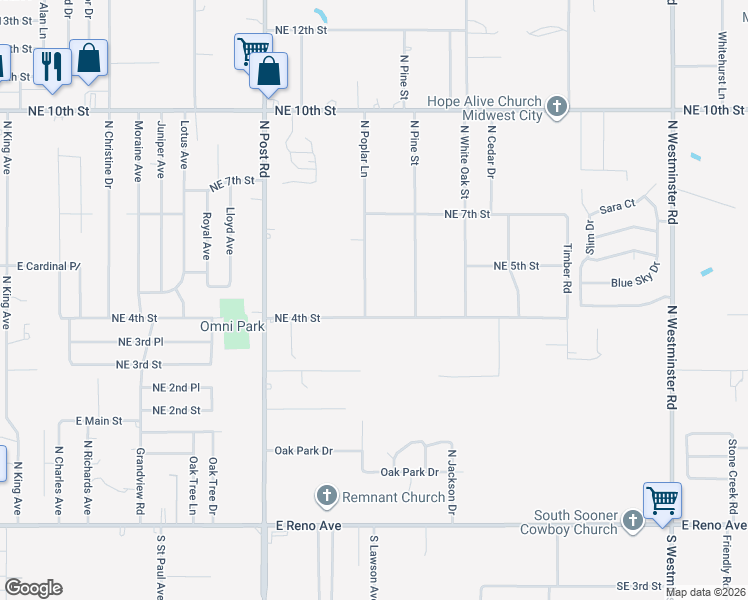 map of restaurants, bars, coffee shops, grocery stores, and more near 508 North Poplar Lane in Midwest City