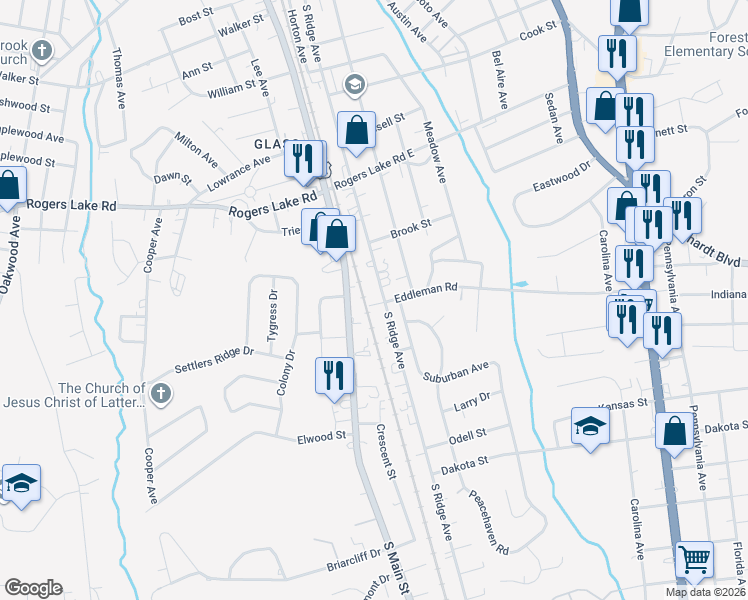 map of restaurants, bars, coffee shops, grocery stores, and more near 1518 South Ridge Avenue in Kannapolis