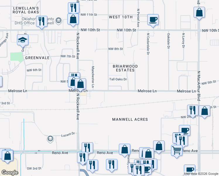 map of restaurants, bars, coffee shops, grocery stores, and more near 6736 Cherry Place in Oklahoma City