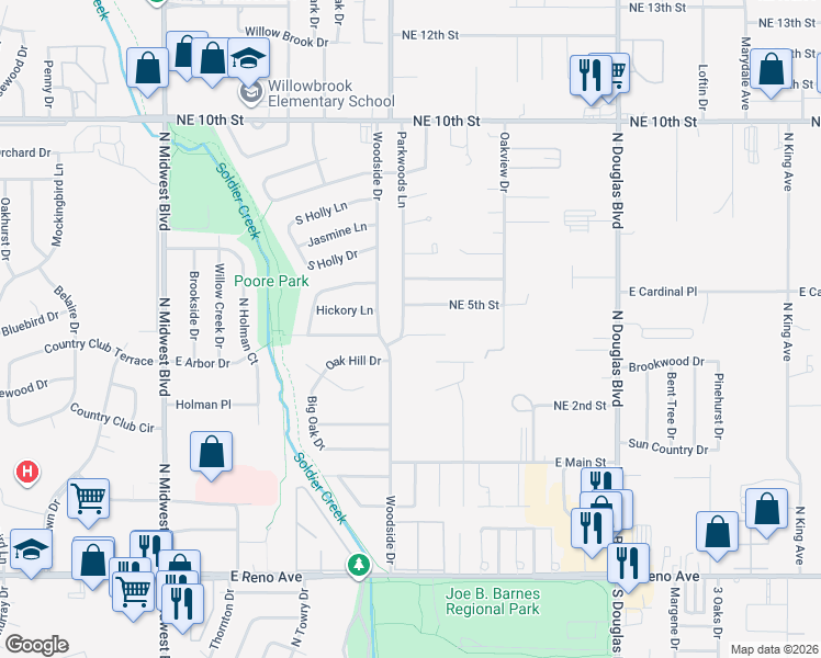 map of restaurants, bars, coffee shops, grocery stores, and more near 1313 Hazelwood Drive in Midwest City