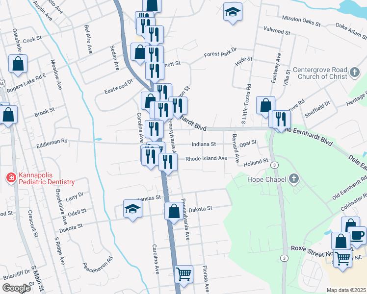 map of restaurants, bars, coffee shops, grocery stores, and more near 908 Indiana Street in Kannapolis