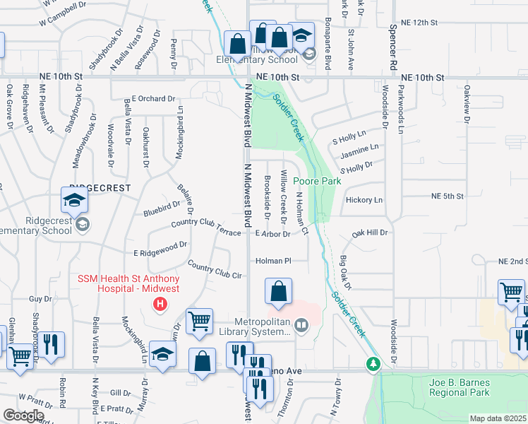 map of restaurants, bars, coffee shops, grocery stores, and more near 3221 Brookside Drive in Midwest City
