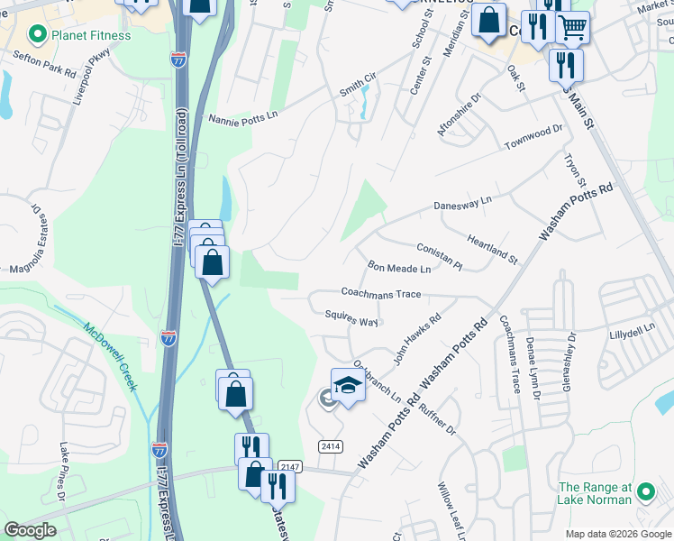 map of restaurants, bars, coffee shops, grocery stores, and more near 10203 Danesway Lane in Cornelius