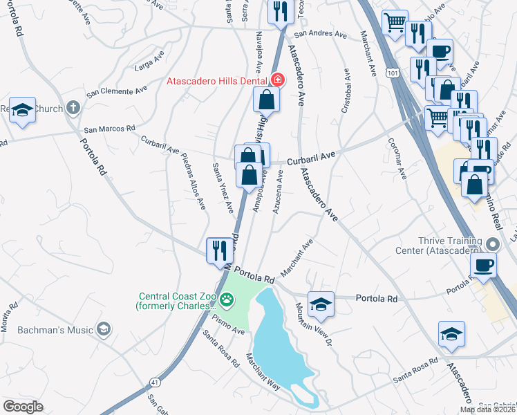 map of restaurants, bars, coffee shops, grocery stores, and more near 8397 Amapoa Avenue in Atascadero