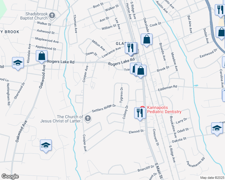 map of restaurants, bars, coffee shops, grocery stores, and more near 1572 Matthew Allen Circle in Kannapolis