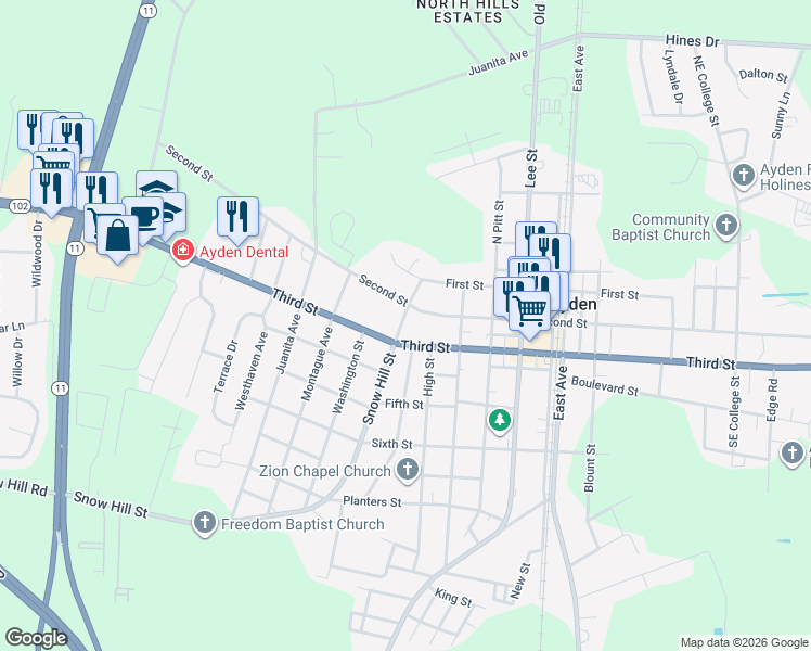 map of restaurants, bars, coffee shops, grocery stores, and more near 536 Snow Hill Street in Ayden