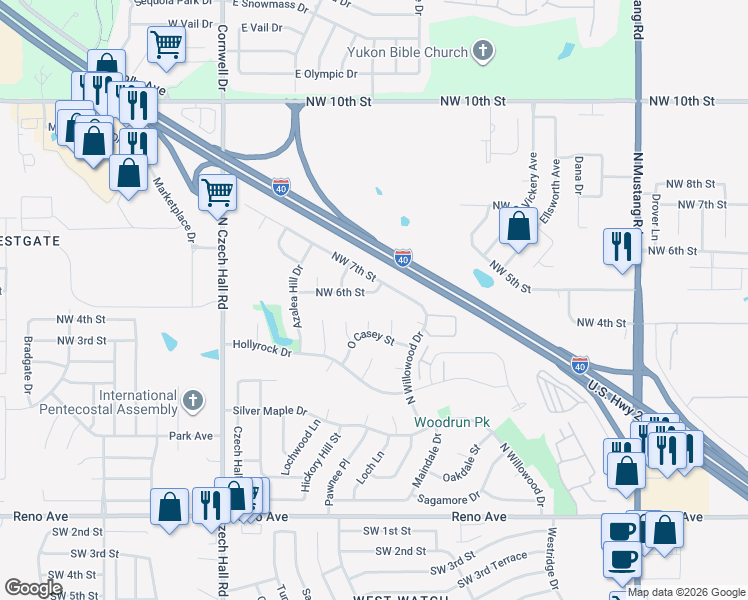 map of restaurants, bars, coffee shops, grocery stores, and more near 11808 Northwest 7th Street in Yukon