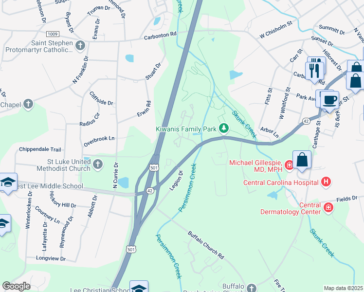 map of restaurants, bars, coffee shops, grocery stores, and more near 222 High Ridge Drive in Sanford