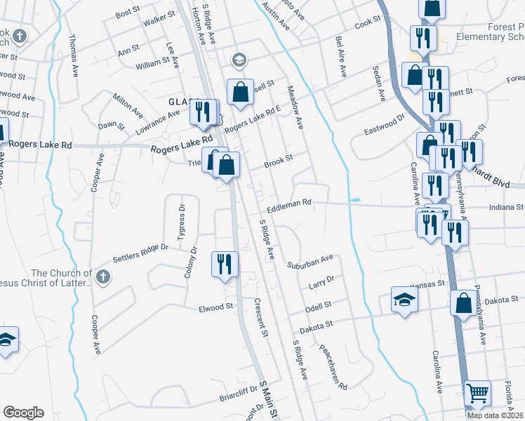 map of restaurants, bars, coffee shops, grocery stores, and more near 1518 South Ridge Avenue in Kannapolis