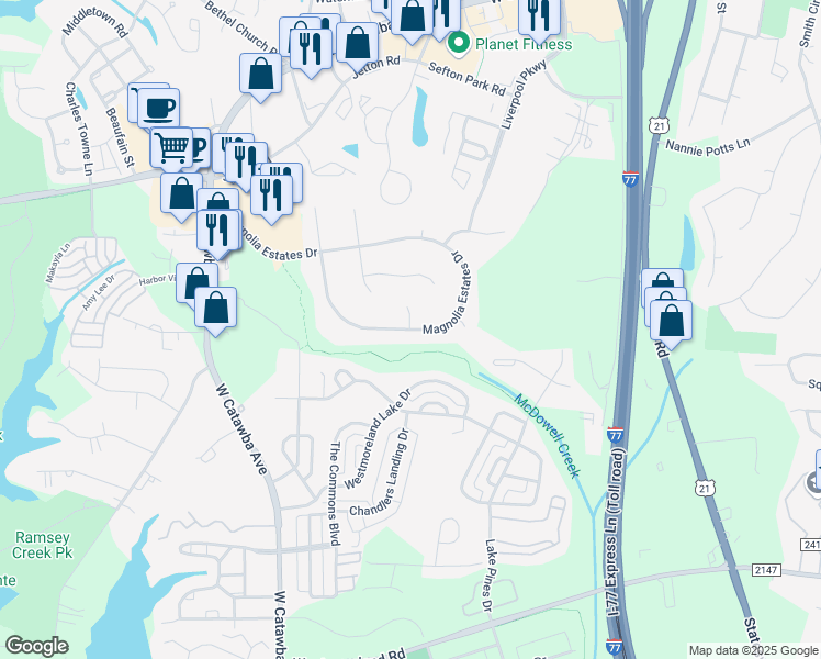 map of restaurants, bars, coffee shops, grocery stores, and more near 9098 Magnolia Estates Drive in Cornelius