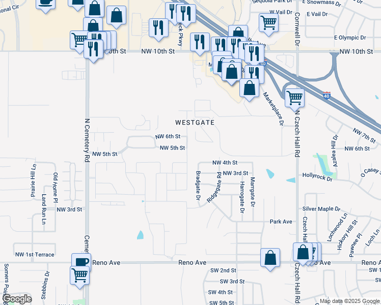 map of restaurants, bars, coffee shops, grocery stores, and more near 12600 Northwest 5th Street in Yukon