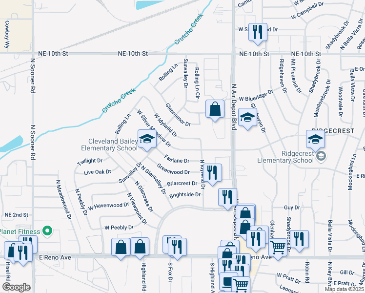 map of restaurants, bars, coffee shops, grocery stores, and more near 713 West Silver Meadow Drive in Midwest City
