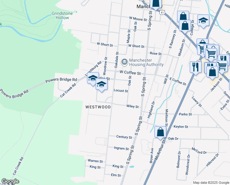 map of restaurants, bars, coffee shops, grocery stores, and more near 915 Oakdale Street in Manchester
