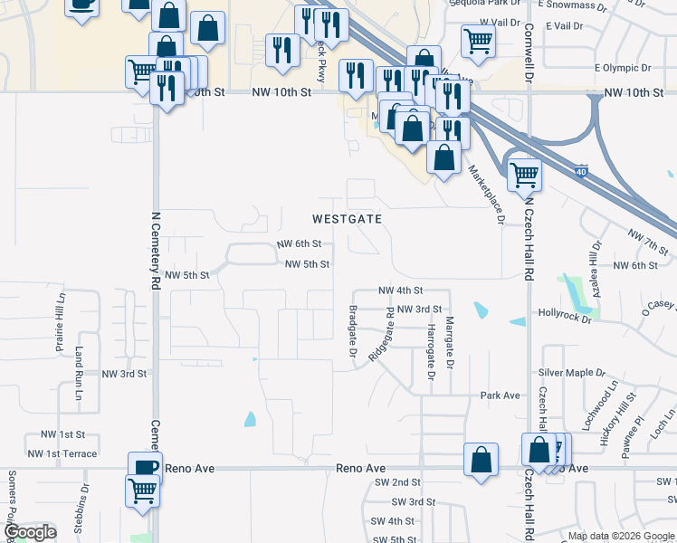 map of restaurants, bars, coffee shops, grocery stores, and more near 12600 Northwest 5th Street in Yukon