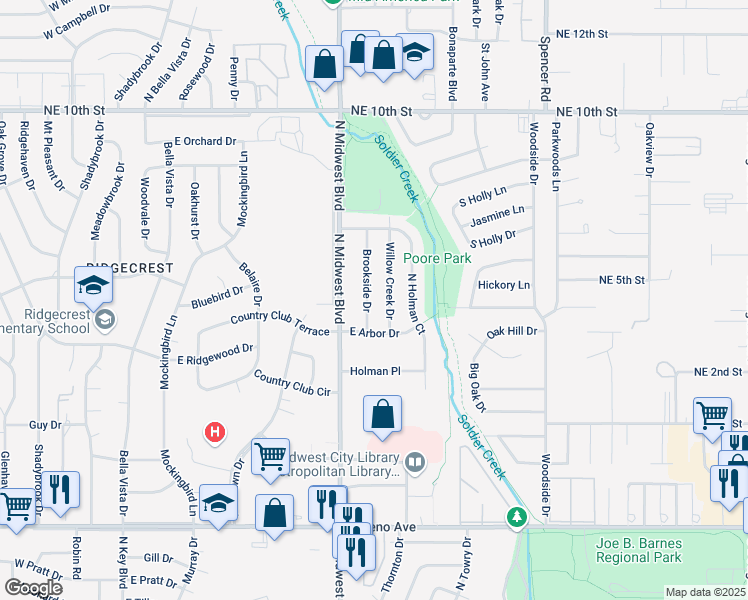 map of restaurants, bars, coffee shops, grocery stores, and more near 3221 Brookside Drive in Midwest City