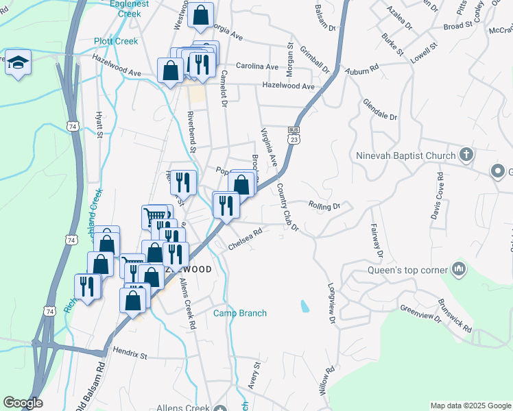 map of restaurants, bars, coffee shops, grocery stores, and more near 35 Lodge Lane in Waynesville