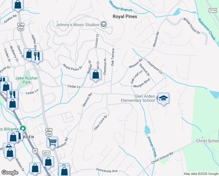 map of restaurants, bars, coffee shops, grocery stores, and more near 200 Oak Terrace in Arden