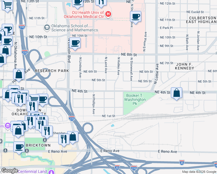 map of restaurants, bars, coffee shops, grocery stores, and more near 512 North Laird Avenue in Oklahoma City