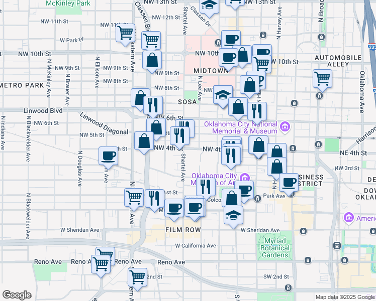 map of restaurants, bars, coffee shops, grocery stores, and more near 700 Northwest 4th Street in Oklahoma City