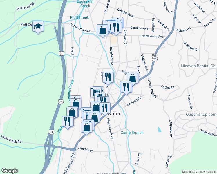 map of restaurants, bars, coffee shops, grocery stores, and more near 154 Hemlock Street in Waynesville
