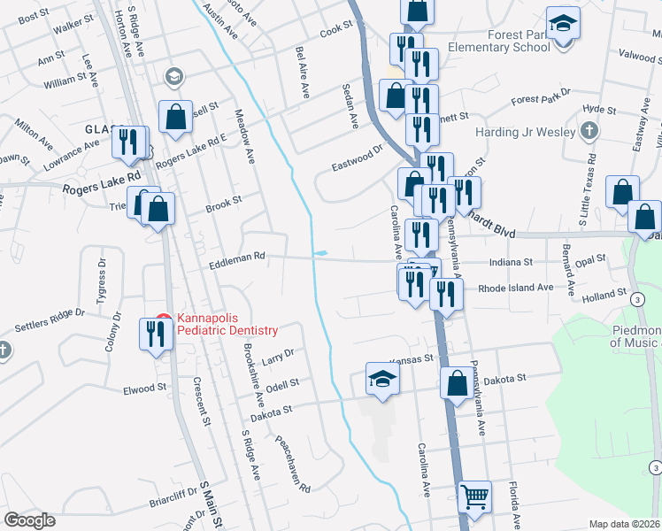 map of restaurants, bars, coffee shops, grocery stores, and more near 476 Eddleman Road in Kannapolis