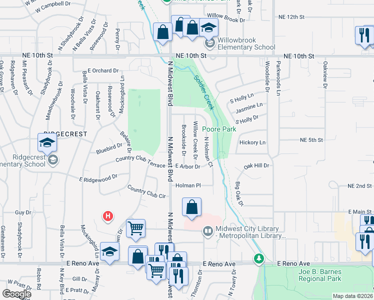 map of restaurants, bars, coffee shops, grocery stores, and more near 3221 Brookside Drive in Midwest City
