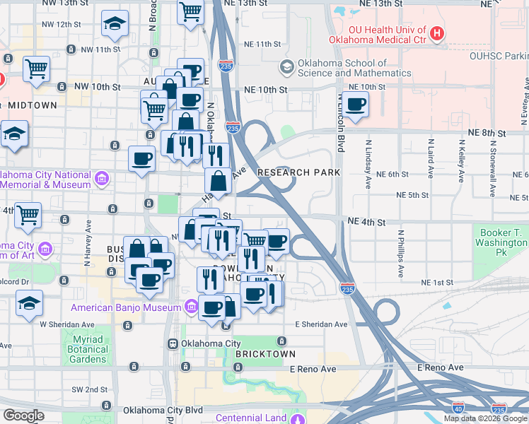 map of restaurants, bars, coffee shops, grocery stores, and more near 311 Northeast 4th Street in Oklahoma City