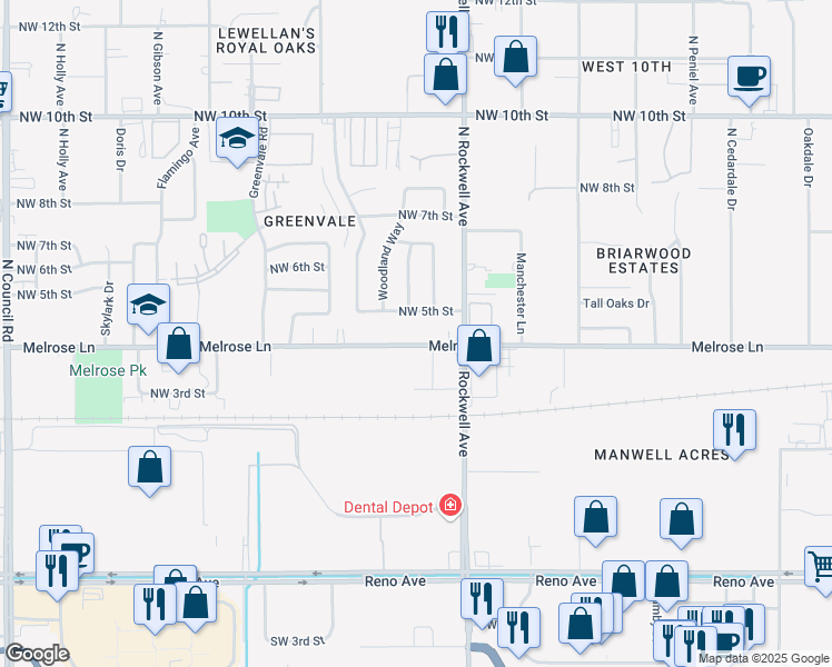 map of restaurants, bars, coffee shops, grocery stores, and more near 7145 Melrose Lane in Oklahoma City