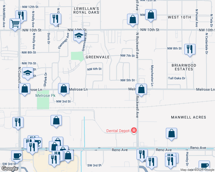 map of restaurants, bars, coffee shops, grocery stores, and more near 7305 Melrose Lane in Oklahoma City