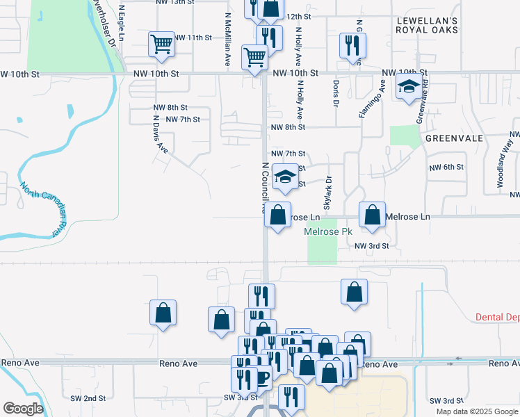 map of restaurants, bars, coffee shops, grocery stores, and more near in Oklahoma City
