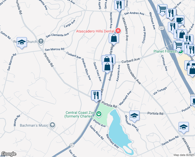 map of restaurants, bars, coffee shops, grocery stores, and more near 8350 Santa Ynez Avenue in Atascadero