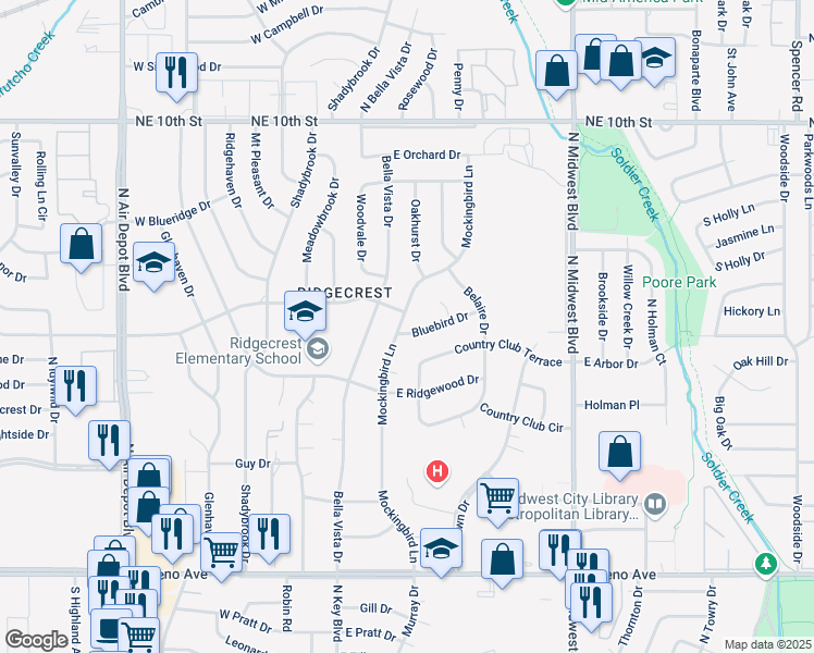 map of restaurants, bars, coffee shops, grocery stores, and more near 201 Bluebird Drive in Midwest City