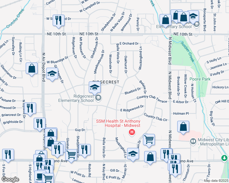 map of restaurants, bars, coffee shops, grocery stores, and more near 3208 Bella Vista Drive in Midwest City