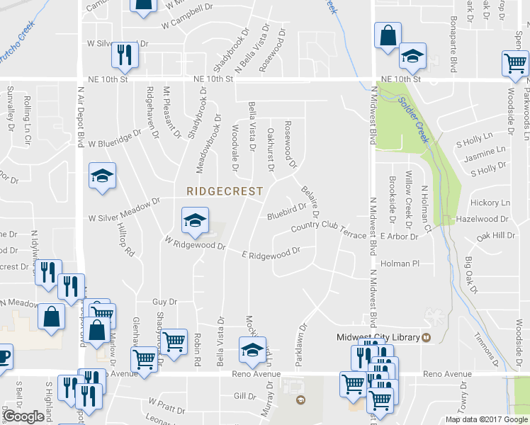 map of restaurants, bars, coffee shops, grocery stores, and more near 201 Bluebird Dr in Midwest City