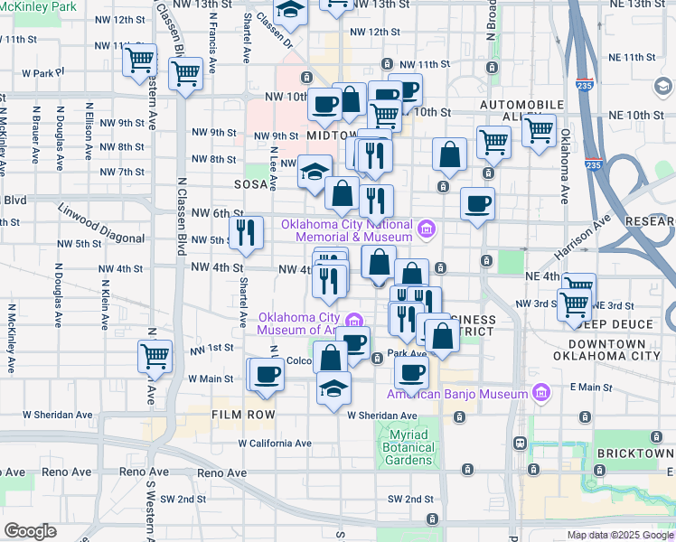 map of restaurants, bars, coffee shops, grocery stores, and more near NW 4th St & N Walker Ave in Oklahoma City