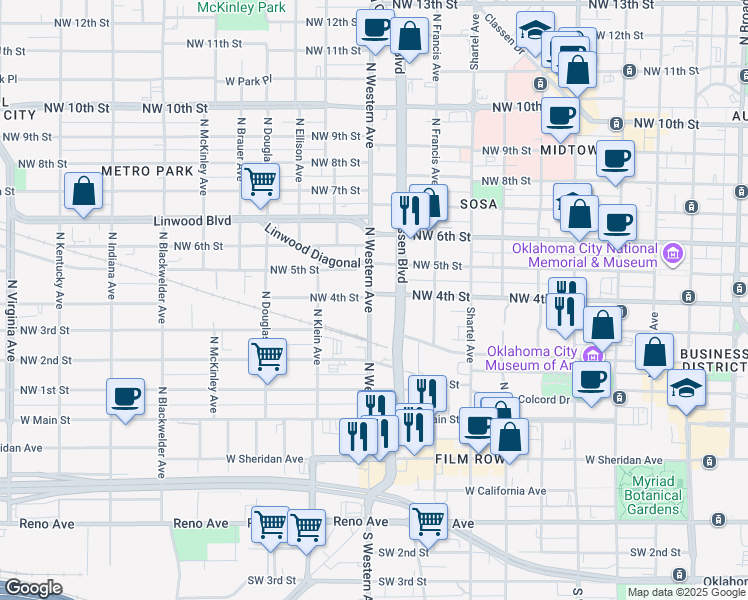 map of restaurants, bars, coffee shops, grocery stores, and more near 601 Robert S Kerr Avenue in Oklahoma City