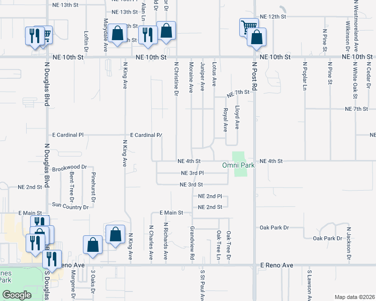 map of restaurants, bars, coffee shops, grocery stores, and more near 513 Moraine Avenue in Midwest City