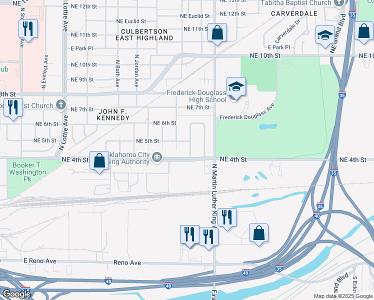 map of restaurants, bars, coffee shops, grocery stores, and more near 513 North Nebraska Avenue in Oklahoma City
