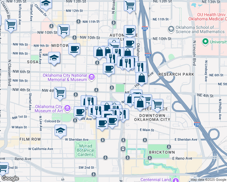 map of restaurants, bars, coffee shops, grocery stores, and more near 61 Northwest 4th Street in Oklahoma City