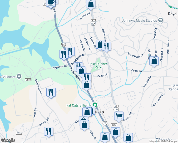 map of restaurants, bars, coffee shops, grocery stores, and more near 103 Sycamore Drive in Arden