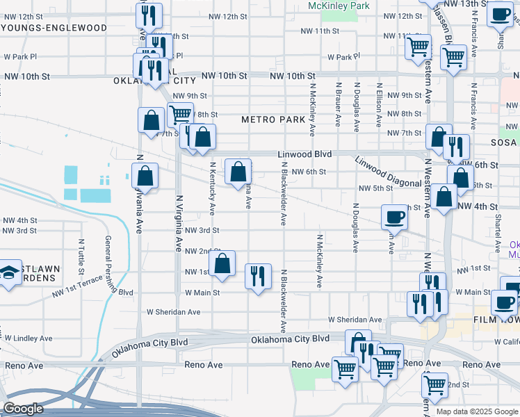 map of restaurants, bars, coffee shops, grocery stores, and more near 1533 Northwest 4th Street in Oklahoma City