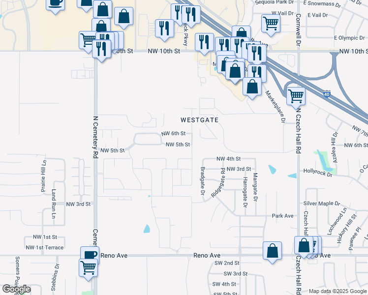 map of restaurants, bars, coffee shops, grocery stores, and more near 12600 Northwest 5th Street in Yukon