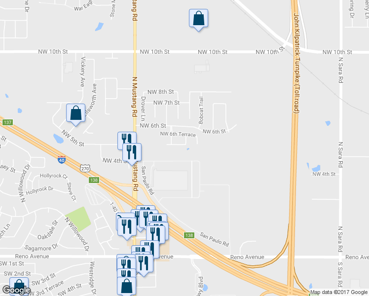 map of restaurants, bars, coffee shops, grocery stores, and more near 11132 Northwest 5th Terrace in Yukon