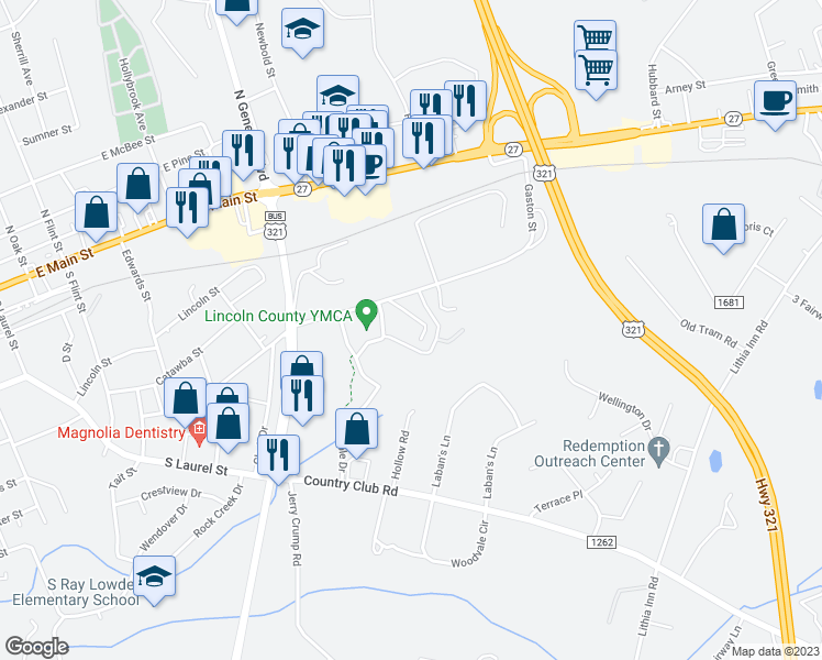 map of restaurants, bars, coffee shops, grocery stores, and more near 1410 Gaston Street in Lincolnton