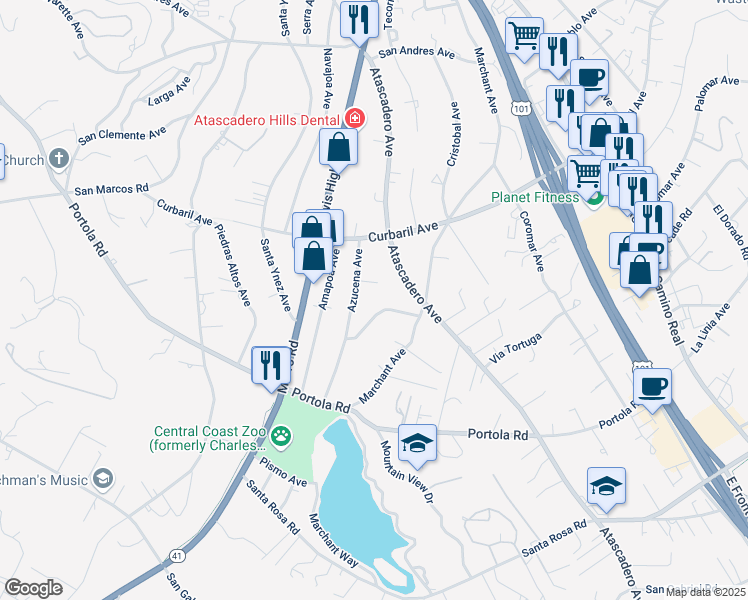 map of restaurants, bars, coffee shops, grocery stores, and more near 8320 San Francisco Avenue in Atascadero