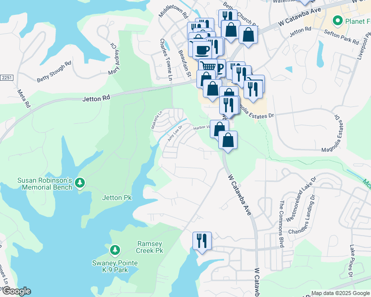 map of restaurants, bars, coffee shops, grocery stores, and more near 800 H M Junker Drive in Cornelius