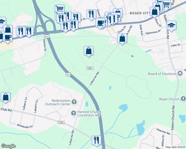 map of restaurants, bars, coffee shops, grocery stores, and more near 510 Lithia Inn Road in Lincolnton