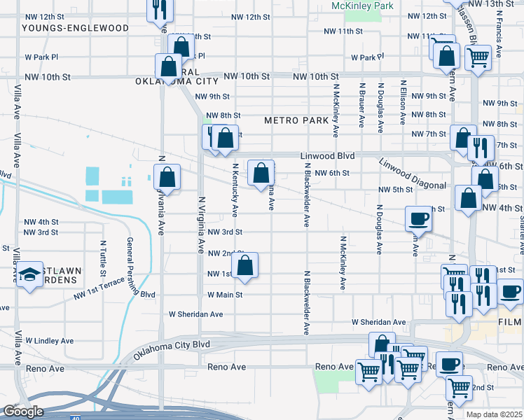 map of restaurants, bars, coffee shops, grocery stores, and more near 501 North Indiana Avenue in Oklahoma City